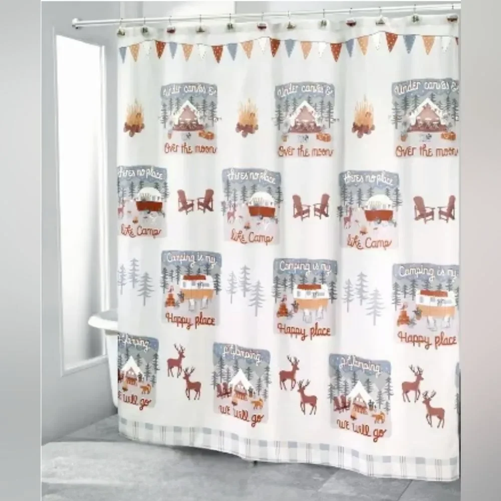 GONE GLAMPING Fabric Shower Curtain & Hook Set by Avanti Home 72x72, NIP